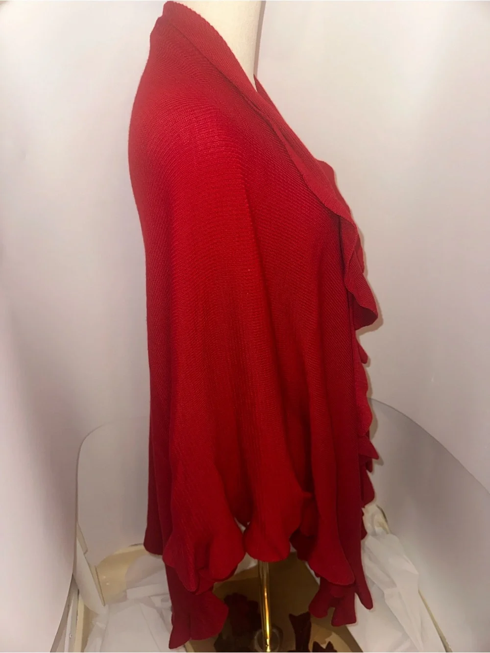 Dramatic red waterfall ruffle shawl cape cardigan wrap. One size.